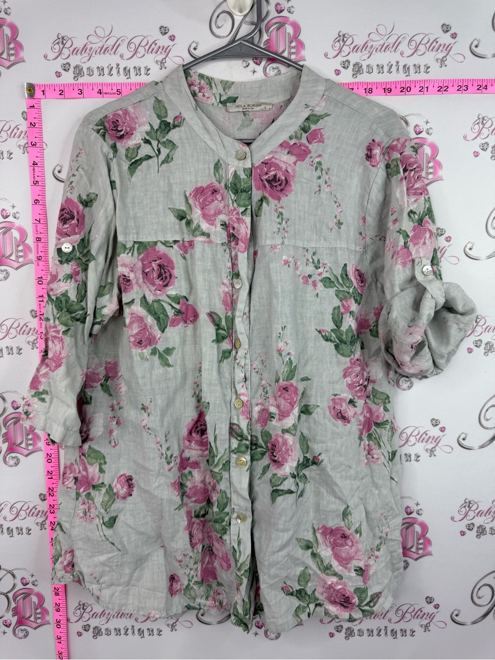 VIOLA BORGHI ITALY LINEN Light Gray Floral Button-Up Tunic with Pink Roses
